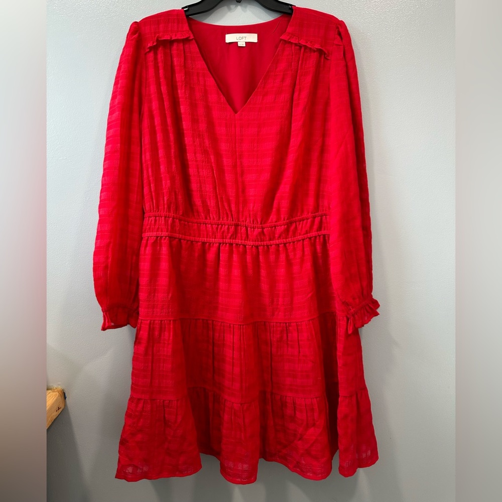 LOFT textures plaid ruffle dress, v-neck, long sleeve, size 14
